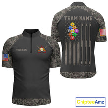 Load image into Gallery viewer, Personalized retro camo US flag patriotic 9 ball pool billiard quarter zip shirt for men, custom patriotic pool team jersey.