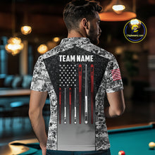 Load image into Gallery viewer, Man wearing black and white camo US flag 8 ball pool billiard polo shirt back view.