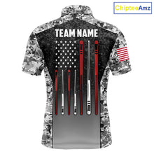 Load image into Gallery viewer, Black and white camo US flag 8 ball pool billiard team jersey polo shirt for men, custom patriotic pool league apparel and tournament jersey.
