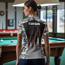 Load image into Gallery viewer, Woman wearing black and white camo US flag 8 ball pool billiard polo shirt back view.