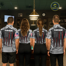 Load image into Gallery viewer, Billiard team wearing matching black and white camo US flag 8 ball pool jerseys back view.