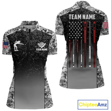 Load image into Gallery viewer, Black and white camo US flag 8 ball pool billiard quarter zip shirt for women, custom patriotic billiard team jersey.