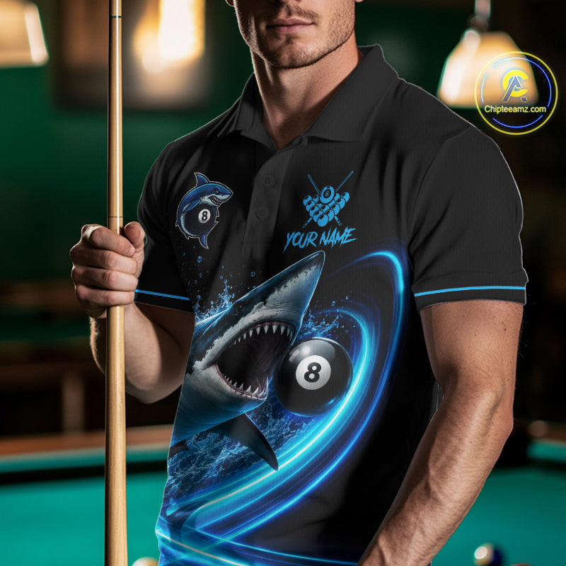 Black And Blue 8 Ball Shark Billiard League Shirts For Men Custom Pool Team Jersey Polo & 1/4 Zip TDM7165