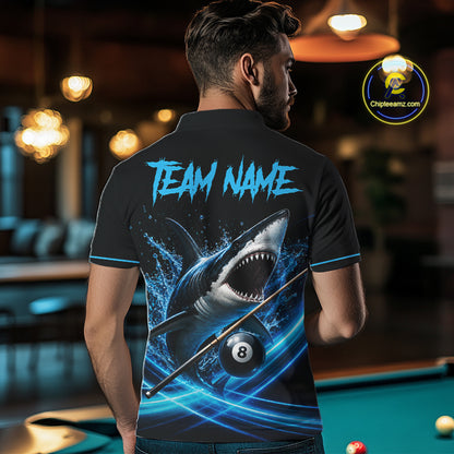 Black And Blue 8 Ball Shark Billiard League Shirts For Men Custom Pool Team Jersey Polo & 1/4 Zip TDM7165