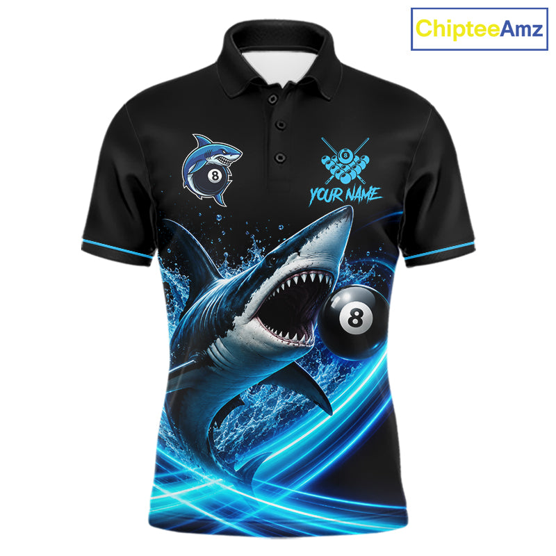Black And Blue 8 Ball Shark Billiard League Shirts For Men Custom Pool Team Jersey Polo & 1/4 Zip TDM7165