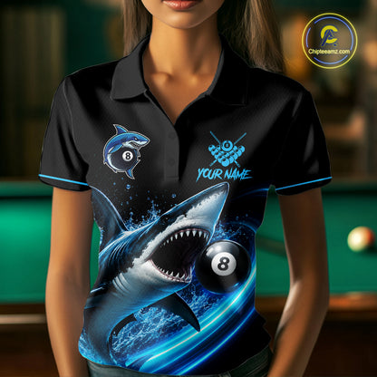 Black And Blue 8 Ball Shark Billiard League Shirts For Women Custom Pool Team Jersey Polo & 1/4 Zip TDM7165