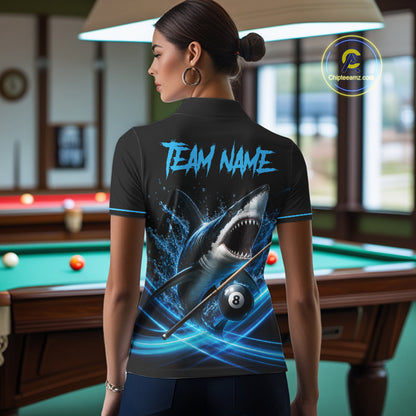 Black And Blue 8 Ball Shark Billiard League Shirts For Women Custom Pool Team Jersey Polo & 1/4 Zip TDM7165
