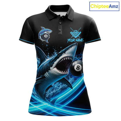 Black And Blue 8 Ball Shark Billiard League Shirts For Women Custom Pool Team Jersey Polo & 1/4 Zip TDM7165