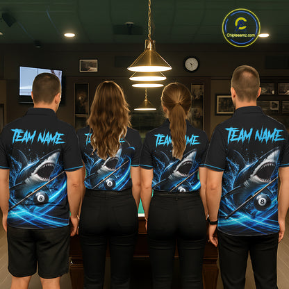 Black And Blue 8 Ball Shark Billiard League Shirts For Men Custom Pool Team Jersey Polo & 1/4 Zip TDM7165