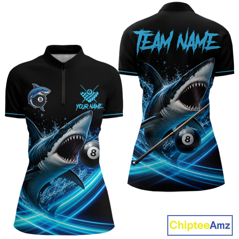 Black And Blue 8 Ball Shark Billiard League Shirts For Women Custom Pool Team Jersey Polo & 1/4 Zip TDM7165