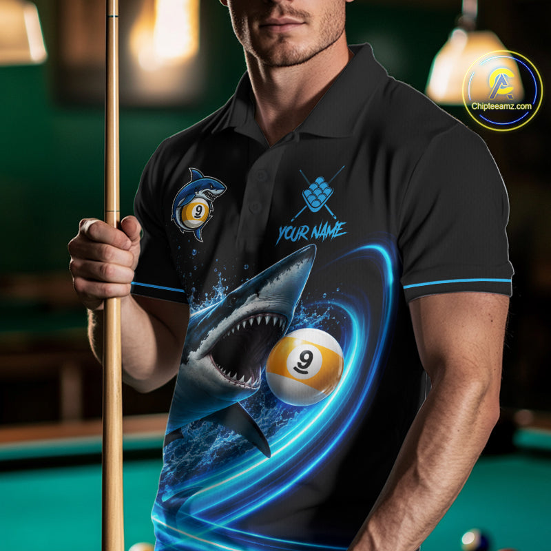 Black And Blue 9 Ball Shark Billiard League Shirts For Men Custom Pool Team Jersey Polo & 1/4 Zip TDM7166