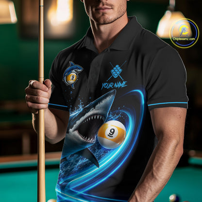 Black And Blue 9 Ball Shark Billiard League Shirts For Men Custom Pool Team Jersey Polo & 1/4 Zip TDM7166