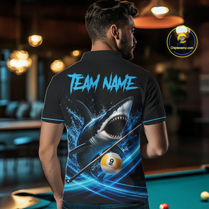 Black And Blue 9 Ball Shark Billiard League Shirts For Men Custom Pool Team Jersey Polo & 1/4 Zip TDM7166