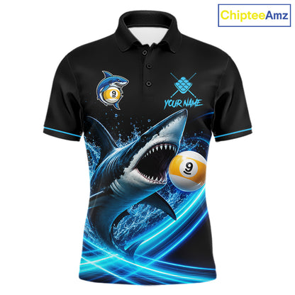 Black And Blue 9 Ball Shark Billiard League Shirts For Men Custom Pool Team Jersey Polo & 1/4 Zip TDM7166