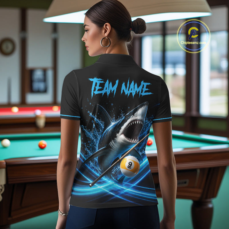 Black And Blue 9 Ball Shark Billiard League Shirts For Women Custom Pool Team Jersey Polo & 1/4 Zip TDM7166
