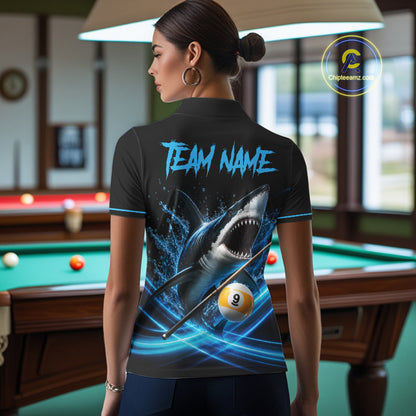 Black And Blue 9 Ball Shark Billiard League Shirts For Women Custom Pool Team Jersey Polo & 1/4 Zip TDM7166