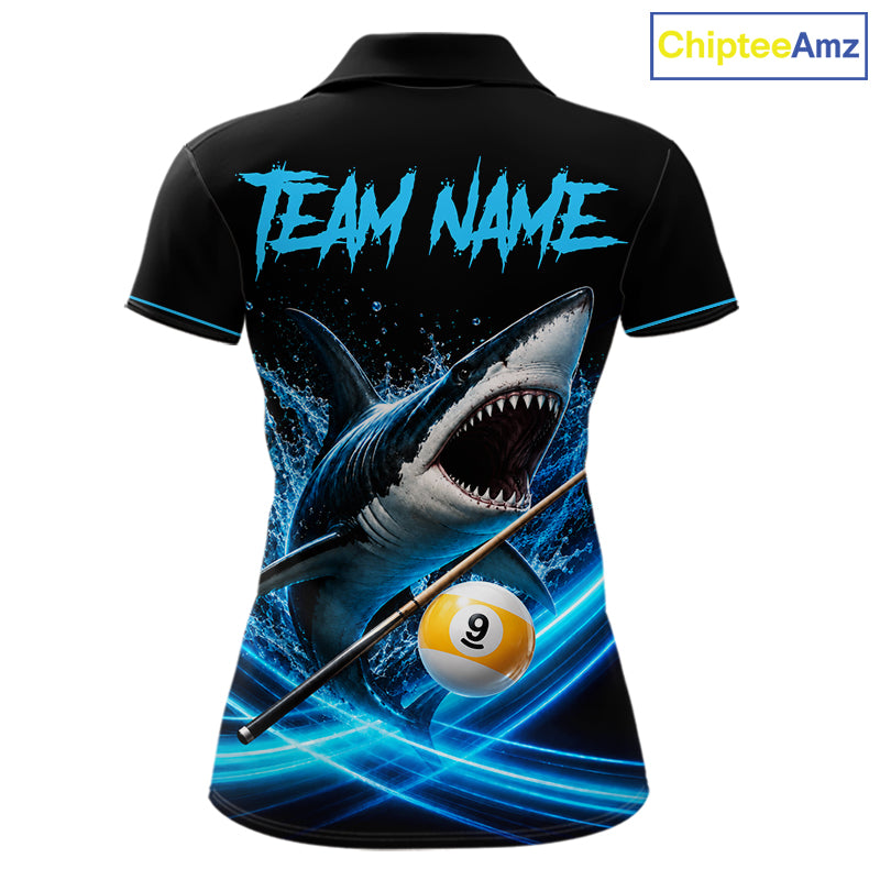 Black And Blue 9 Ball Shark Billiard League Shirts For Women Custom Pool Team Jersey Polo & 1/4 Zip TDM7166