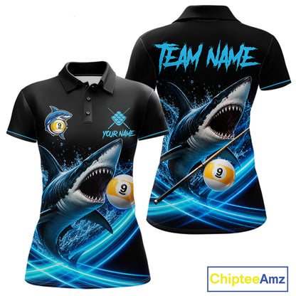 Black And Blue 9 Ball Shark Billiard League Shirts For Women Custom Pool Team Jersey Polo & 1/4 Zip TDM7166