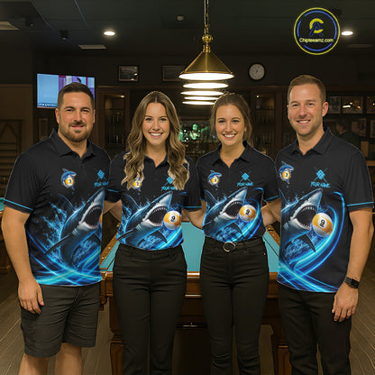Black And Blue 9 Ball Shark Billiard League Shirts For Women Custom Pool Team Jersey Polo & 1/4 Zip TDM7166