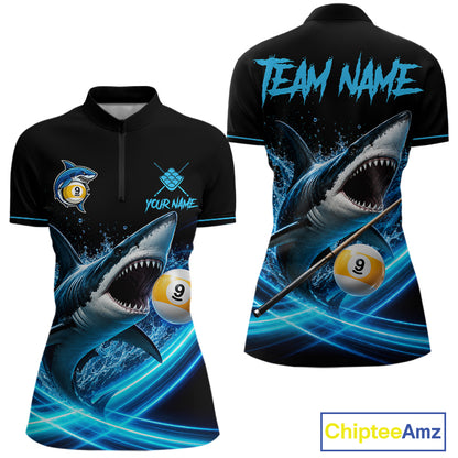 Black And Blue 9 Ball Shark Billiard League Shirts For Women Custom Pool Team Jersey Polo & 1/4 Zip TDM7166