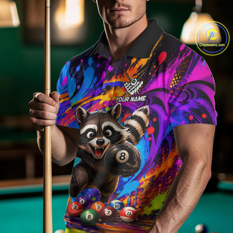 Funny Raccoon Colorful 8 Ball Billiard Shirts For Men Custom Billiard Jersey, Pool Player Gifts TDM7174