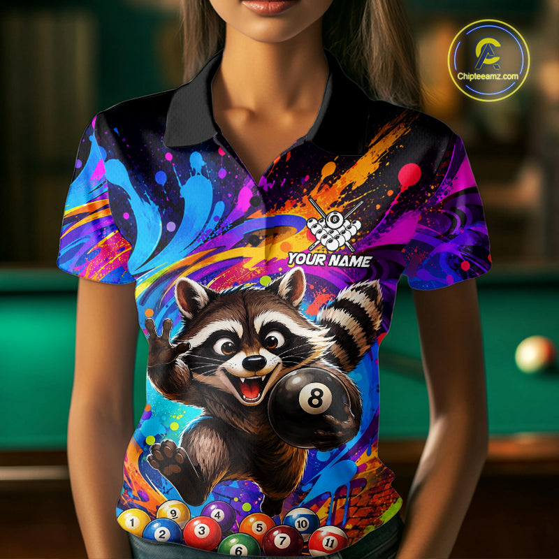 Funny Raccoon Colorful 8 Ball Billiard Shirts For Women Custom Billiard Jersey, Pool Player Gifts TDM7174
