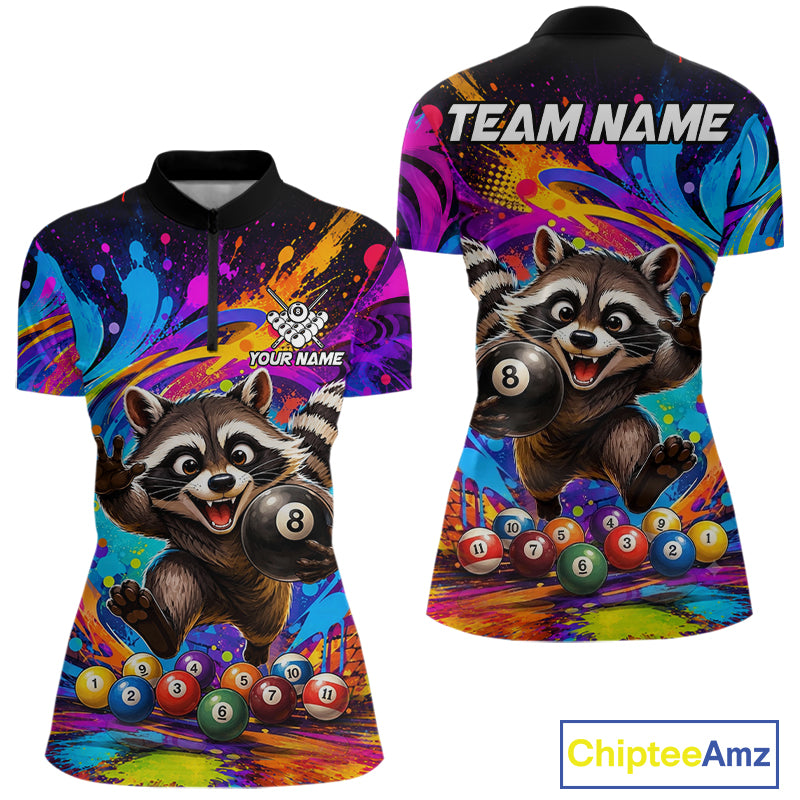 Funny Raccoon Colorful 8 Ball Billiard Shirts For Women Custom Billiard Jersey, Pool Player Gifts TDM7174