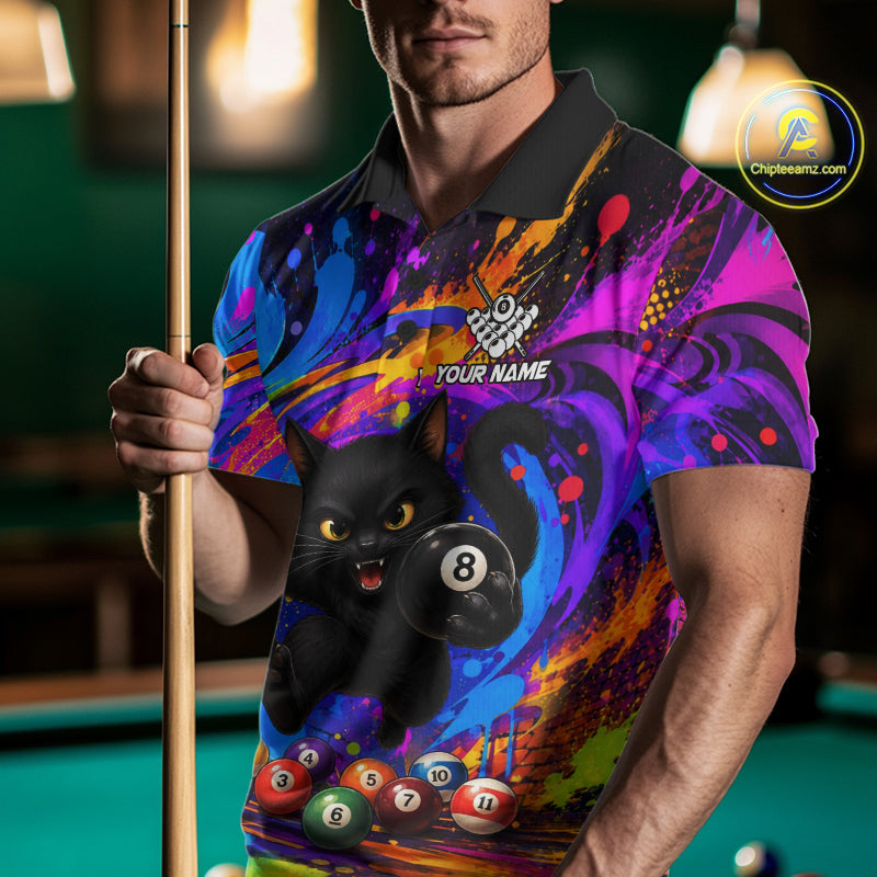 Funny Cat Colorful 8 Ball Billiard Shirts For Men Custom Billiard Team Jersey, Pool Player Gifts TDM7175