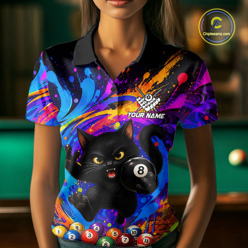 Funny Cat Colorful 8 Ball Billiard Shirts For Women Custom Billiard Team Jersey, Pool Player Gifts TDM7175