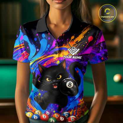 Funny Cat Colorful 8 Ball Billiard Shirts For Women Custom Billiard Team Jersey, Pool Player Gifts TDM7175