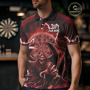 Red Grim Reaper Lightning 3D Darts Shirt For Men Custom Darts Jersey Team Polo &  1/4 Zip TDM4953