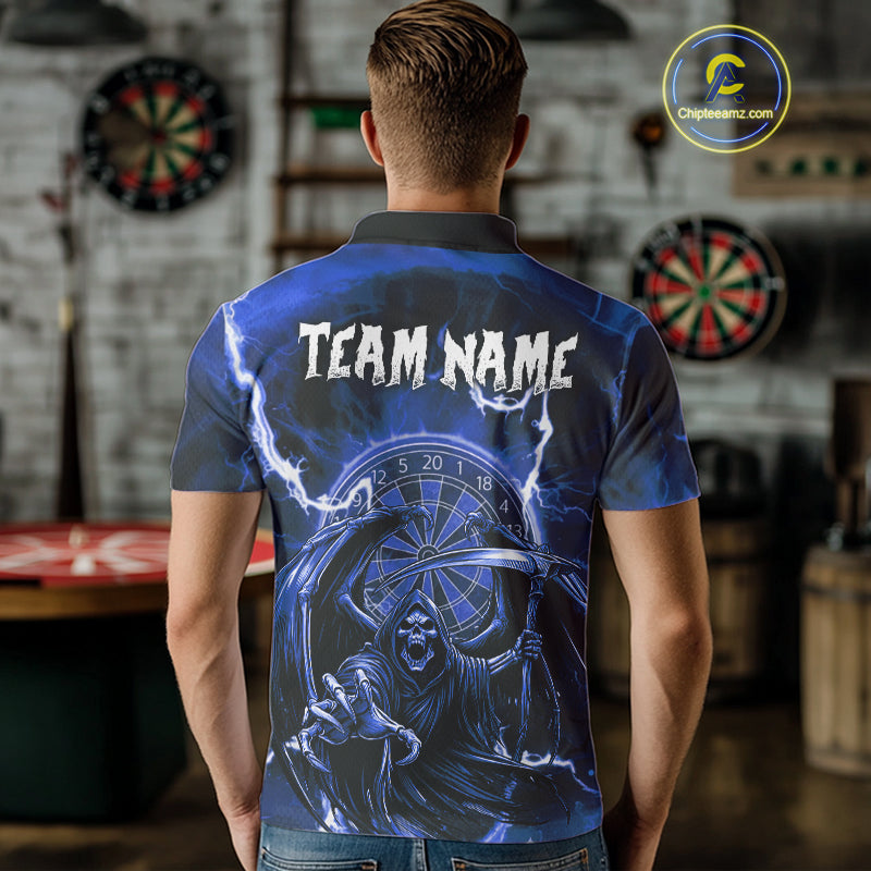 Blue Grim Reaper Lightning 3D Darts Shirt For Men Custom Darts Jersey Team Polo &  1/4 Zip TDM4954
