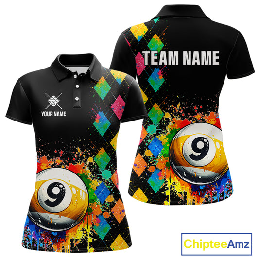 Funny 9 Ball Pool Paint Colorful Argyle Custom Billiard Shirt For Women, Best Pool Team Jersey TDM4962
