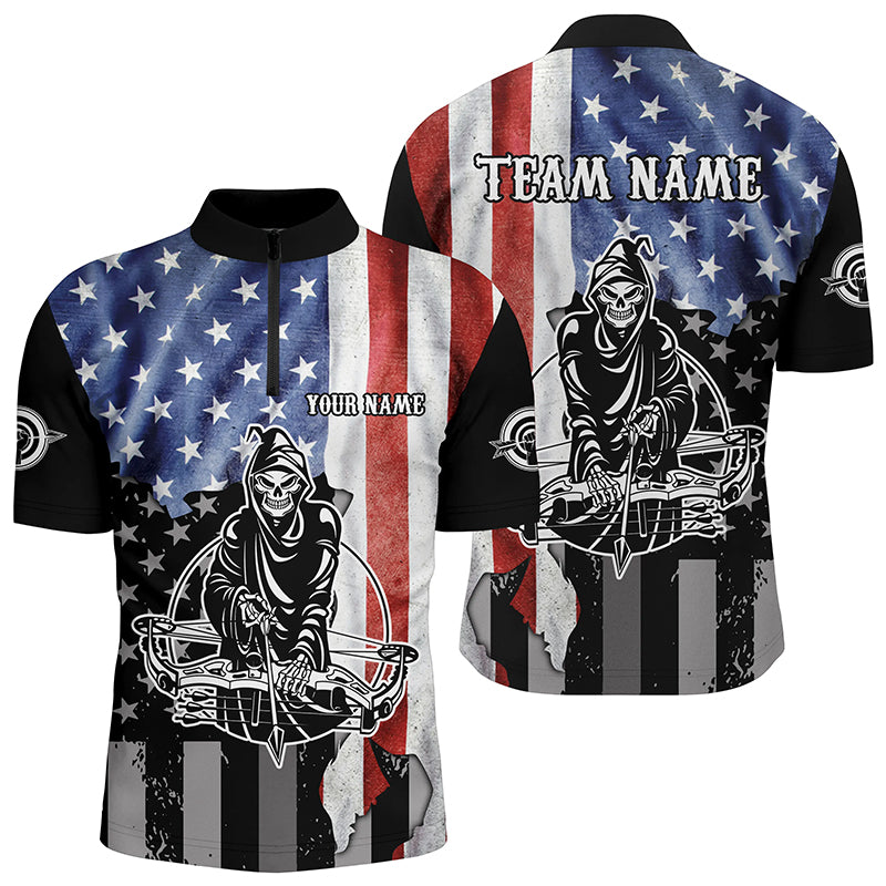 Skeleton Playing Archery Custom US Flag Men Quarter-Zip Shirts Best Unique Archery Shirts  TDM0520