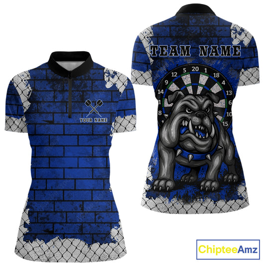 Blue Brick-Wall Fierce Bulldog Women Darts Quarter- Zip Team Shirt Personalized Name For Players NYN2116