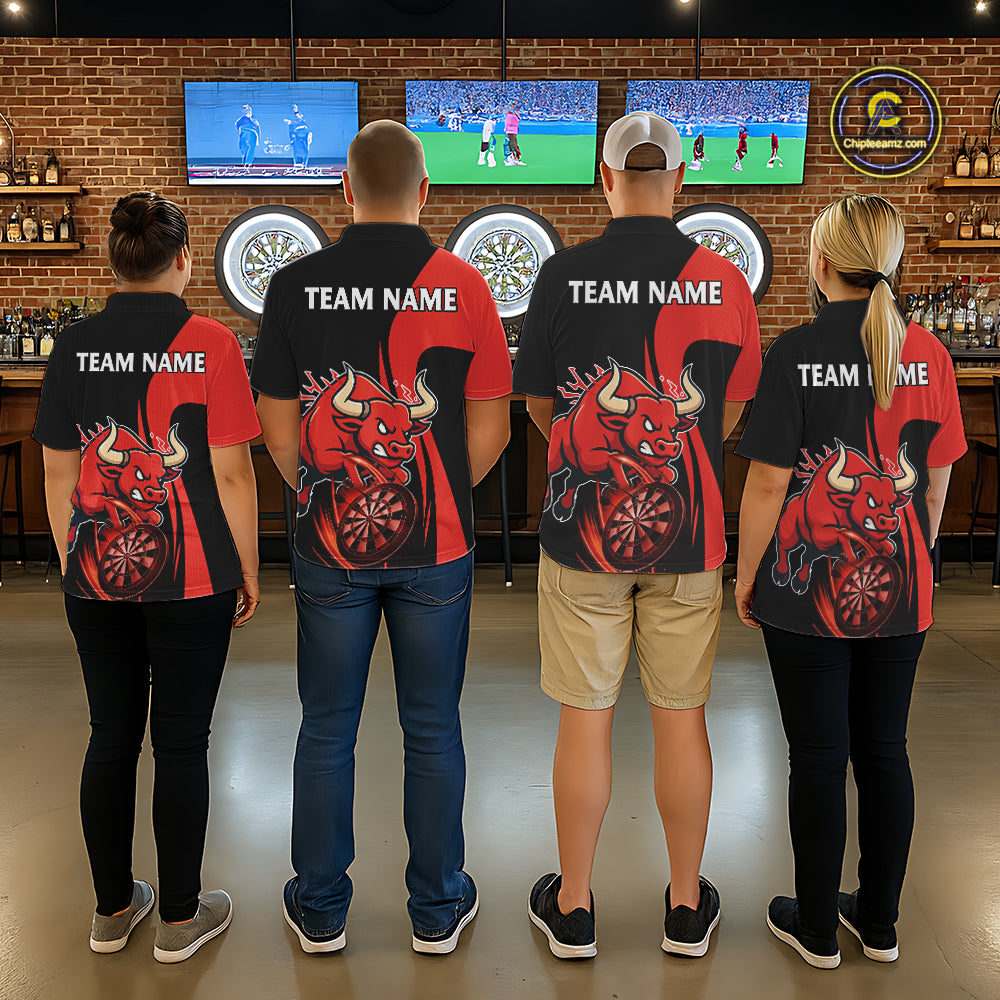 Black And Red Custom Bull Darts Shirt For Men, Personalized Darts Jersey Team Polo & 1/4 Zip TDM5389