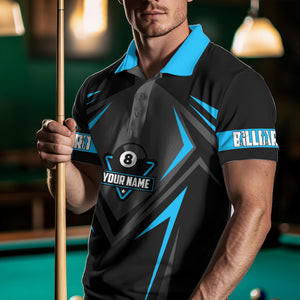 Black And Blue 8 Ball Pool Billiard Jerseys For Men Custom Polo & Quarter Zip Billiard Team Shirts TDM3388