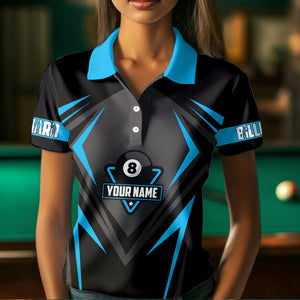 Black And Blue 8 Ball Pool Billiard Jerseys For Women Custom Polo & Quarter Zip Billiard Team Shirts TDM3388