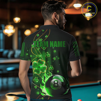 Green 8 Ball Fire Luckiest Shamrock Men Billiard Shirt Custom St Patrick Day Billiard Team Jerseys TDM3389