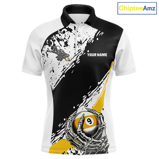 9 Ball Skeleton Custom Billiard Polo & 1/4 Zip Shirts For Men, Funny 9 Ball Pool Billiard Jerseys TDM5675