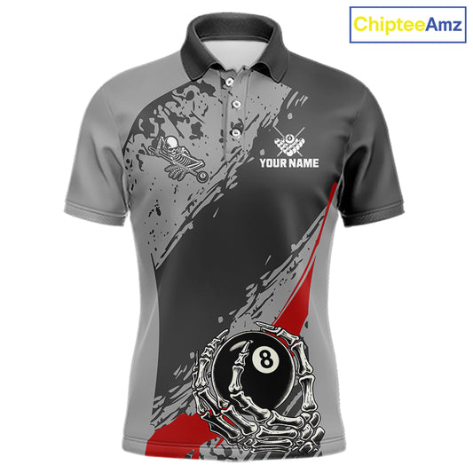 8 Ball Skeleton Custom Billiard Polo & 1/4 Zip For Men, Funny 8 Ball Pool Billiard Team Jersey|Red TDM5676