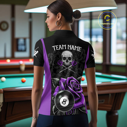 Black And Purple 8 Ball Pool And Roses Custom Skull Billiard Shirts For Women, Billiard Team Jersey TDM6287