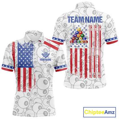 White American flag 8 ball billiard polo shirt for men with patriotic pool team graphics.