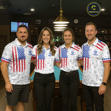 Load image into Gallery viewer, Pool team wearing matching white American flag 8 ball billiard jerseys during league matches front view.