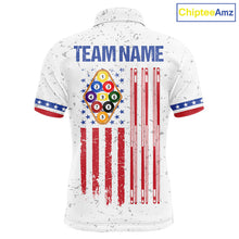 Load image into Gallery viewer, White American flag 9 ball billiard polo shirt for men with patriotic pool team graphics.