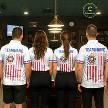 Load image into Gallery viewer, Back view of pool players wearing matching white 9 ball billiard shirts in a game room.