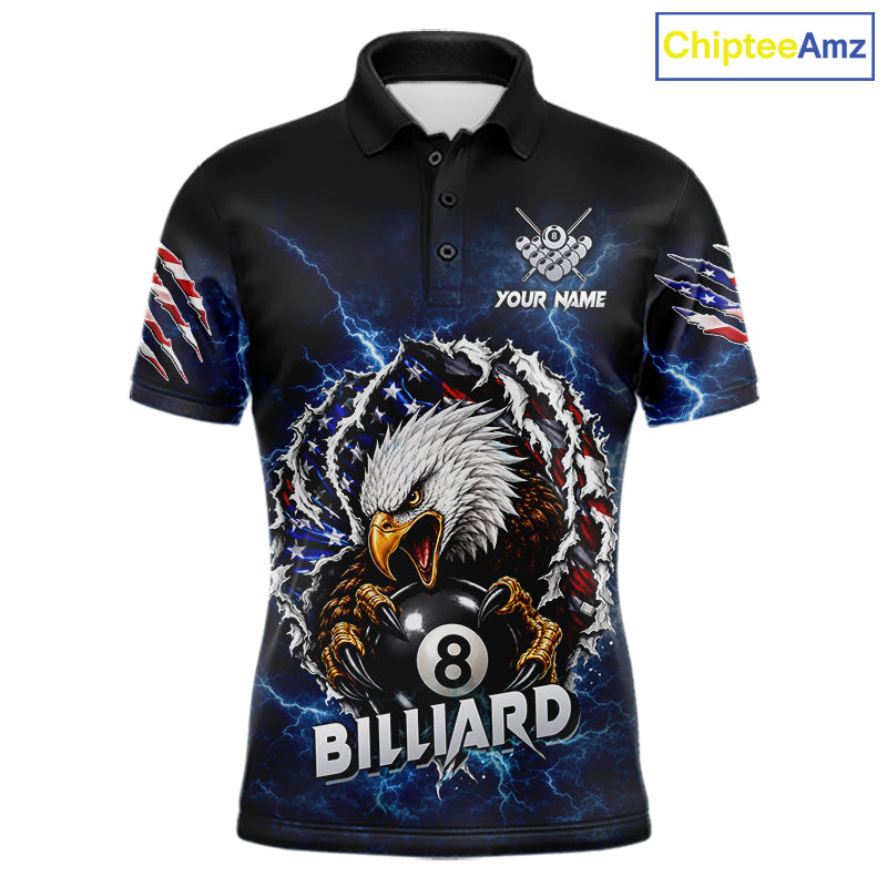 Blue lightning American flag eagle 8 ball billiard polo shirt for men with patriotic pool team graphics.
