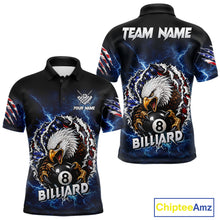 Load image into Gallery viewer, Blue lightning American flag eagle 8 ball billiard polo shirt for men with patriotic pool team graphics.
