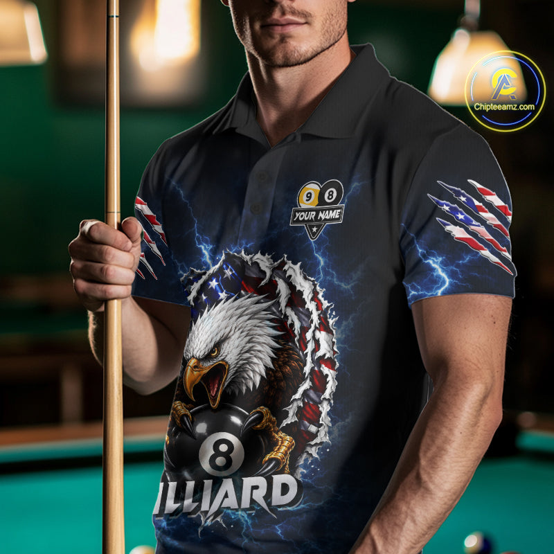 Man wearing a blue lightning eagle American flag 8 ball and 9 ball billiard jersey beside a pool table front view.