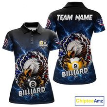 Load image into Gallery viewer, Blue lightning eagle American flag 8 ball and 9 ball billiard polo shirt for women with patriotic pool team graphics.